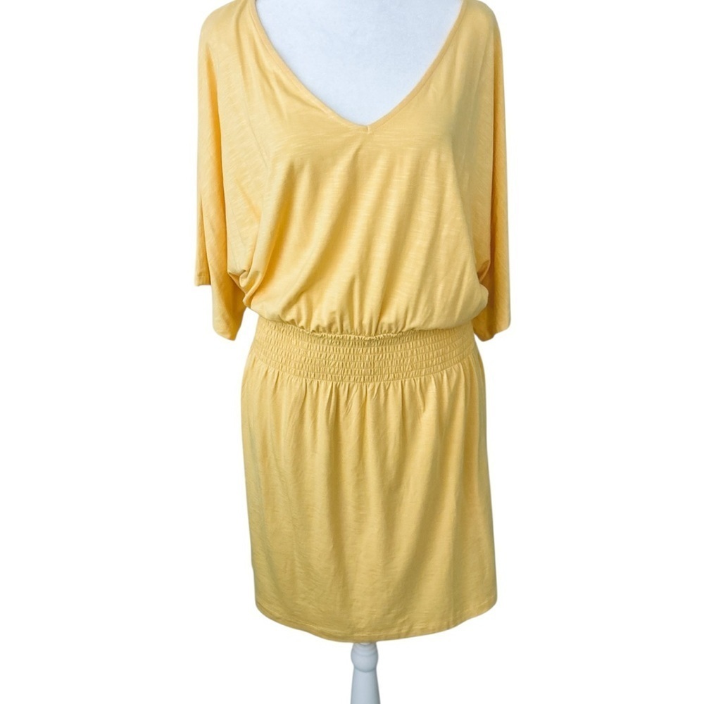 WHBM Size M Butter Yellow Slub Smocked Kimono Dress Beach Coastal Reaortwear - Picture 4 of 12
